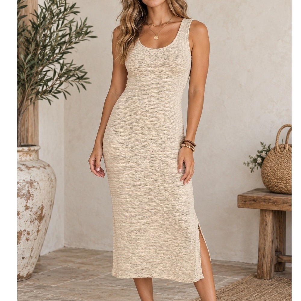 Wishlist Tan Beige Crochet Knit Sleeveless Scoop Neck Midi Dress Large Vacation